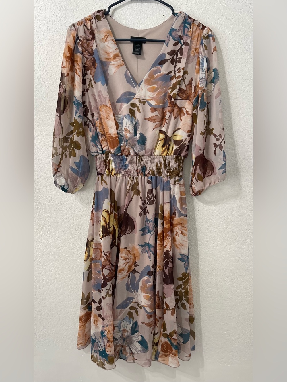 Floral V-Neck Smocked Waist Midi Dress - Blush Multi